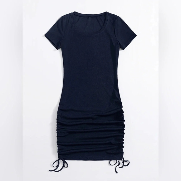 Shein Women’s Navy Blue Drawstring Ruched Side Scoop Neck Dress - Medium - Picture 1 of 10